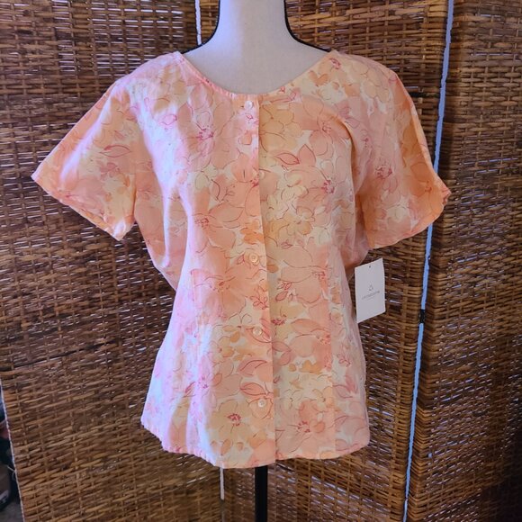 VTG NWT Liz Claiborne Lizsport Field of Flowers Blouse Linen Blend SZ L Button - Picture 2 of 5